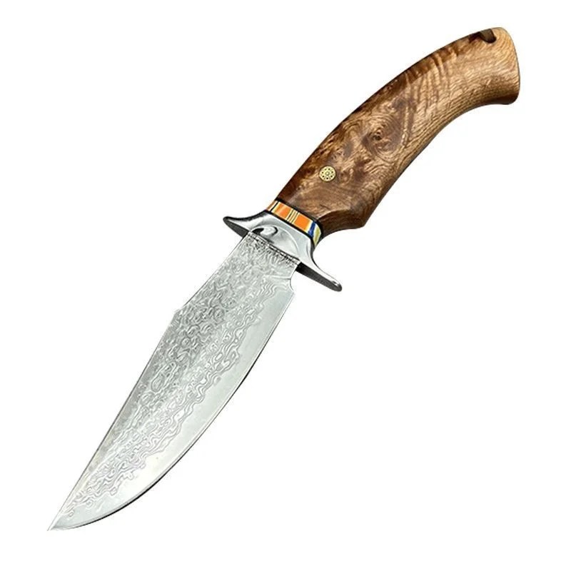 Maple Leaf Outdoor Damascus Steel Straight Knife Handmade Camping Equipment