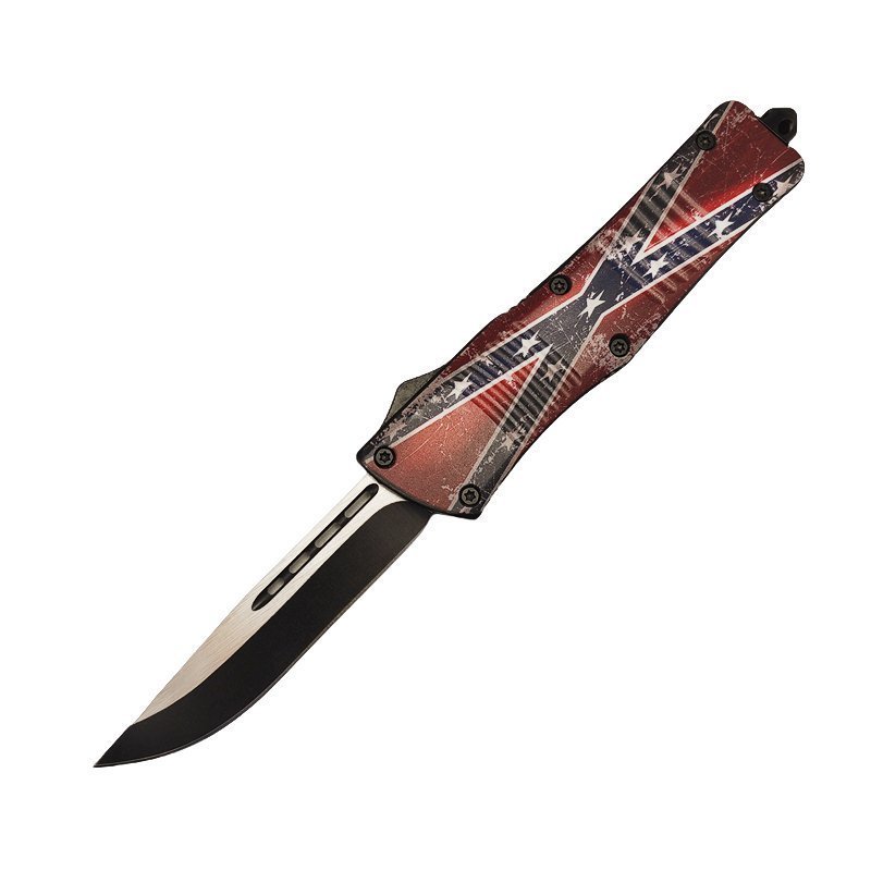5.75inch Confederate Flag D/A OTF Automatic Knife Black Tanto